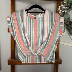 SHEIN Pink and Green Boxy Crop Blouse with Mandarin Collar